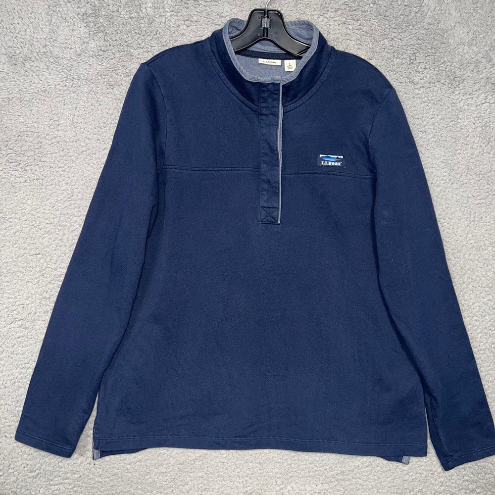 LL Bean Sweater Women's Size L Blue Rugby Henley High Neck 1/4 Button Gorpcore
